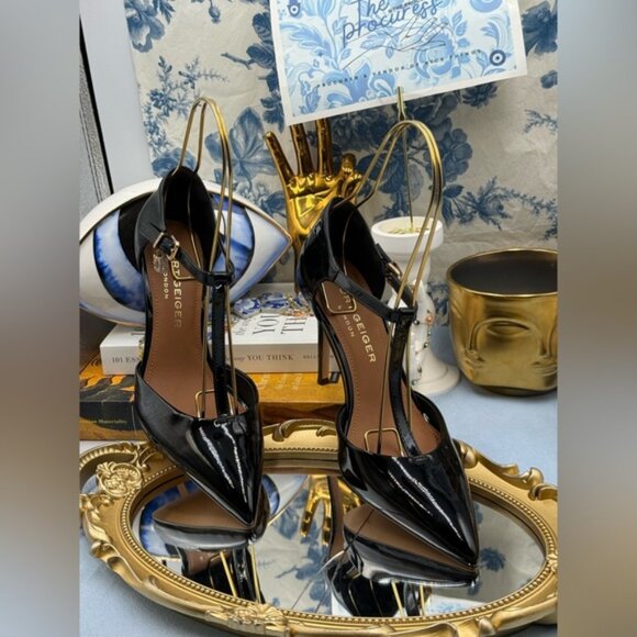 🆕 KURT GEIGER LONDON 🧿 NWOB Brixton Lock T Bar Court Heels, Black Patent, Sz 7 - Picture 4 of 16